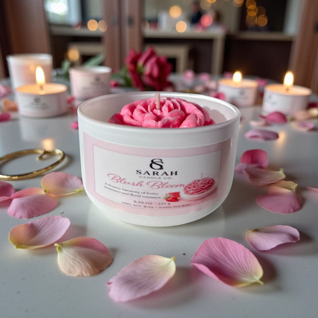 Blush Bloom – Romantic Rose Soy Candle, Handmade Floral Valentine Candle
-8.29oz